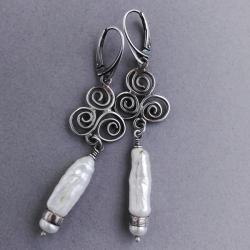 srebro925,perła,surowy,biały,ornament - Kolczyki - Biżuteria