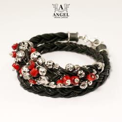 bransoleta z czerwonym koralem,skórzana biżuteria - Bransoletki - Biżuteria