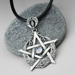 naszyjnik,pentagram,wicca,wisior,kamień księżycowy - Wisiory - Biżuteria