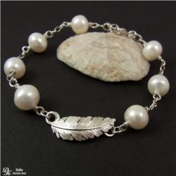 piórko,srebro,perły,białe,unikat,ślubna - Bransoletki - Biżuteria