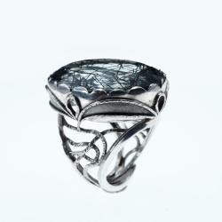 srebrny pierścionek z kwarcem z turmalinem - Pierścionki - Biżuteria