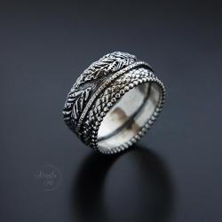 srebrny pierścionek,szeroka obrączka zdobiona - Pierścionki - Biżuteria