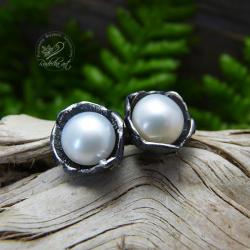 sztyfty,perła,romantyczne,srebrne,perłowe,biała - Kolczyki - Biżuteria