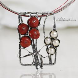 srebro,perła,koral,oksydowaane - Wisiory - Biżuteria