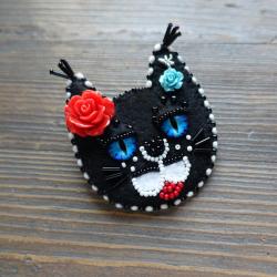 broszka z kotem,czarny kot,koralikowa broszka - Broszki - Biżuteria