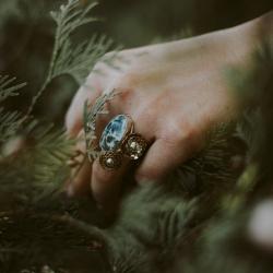 Srebrny,kwiatowy pierścionek z agatem drzewnym - Pierścionki - Biżuteria