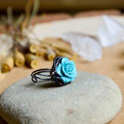 pierścione,z miedzi,róża,niebieska róża,wire-wrapp - Pierścionki - Biżuteria