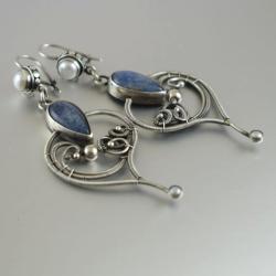 kolczyki,wire-wrapping,eleganckie,perły,niebieskie - Kolczyki - Biżuteria