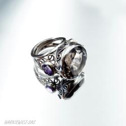 Srebrny pierścionek z topazem i ametystami - Pierścionki - Biżuteria