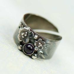 pierścionek,srebrny,ametyst,kwiaty - Pierścionki - Biżuteria