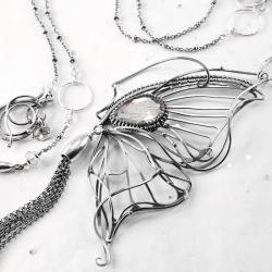 srebrny,naszyjnik,wire-wrapping,motyl,kwarc,ciba - Naszyjniki - Biżuteria