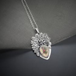 srebrny,wisior,z kwiatami,z agatem - Naszyjniki - Biżuteria