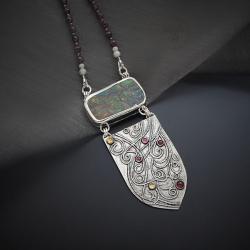 srebrny naszyjnik z ammolitem,z granatem - Naszyjniki - Biżuteria