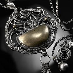 srebrny,naszyjnik,wire-wrapping,piryt,złoty,ciba - Naszyjniki - Biżuteria