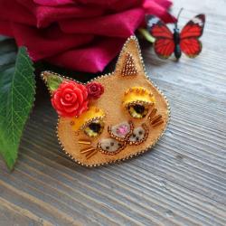 rudy kot,broszka kot,koralikowa broszka - Broszki - Biżuteria
