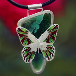 srebrny naszyjnik motyl,zielony wisior z ceramiką - Wisiory - Biżuteria