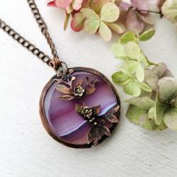 bizuteria z miedzi,kwiaty,fioletowy agat - Naszyjniki - Biżuteria