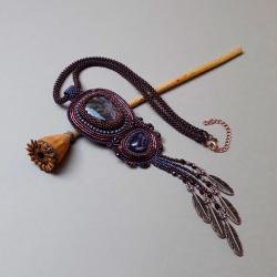 haft koralikowy,naszyjnik,z frędzlami,fioletowy - Naszyjniki - Biżuteria