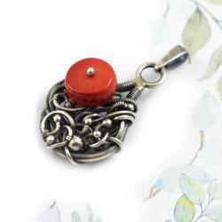 wisiorek,czerwony,koral,srebrny,wire-wrapping, - Wisiory - Biżuteria