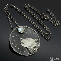naszyjnik,wilk,kamień księżycowy,symbol,medalion - Naszyjniki - Biżuteria