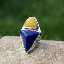 Srebrny pierścionek z lapis lazuli i bursztynem - Pierścionki - Biżuteria