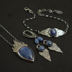 komplet,kianit,niebieski,srebrny,skrzydła, - Komplety - Biżuteria