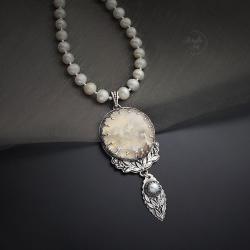 srebrny,naszyjnik,z agatem mszystym,z perłami - Naszyjniki - Biżuteria
