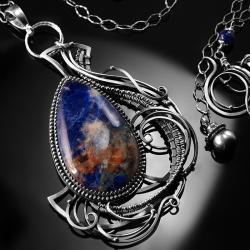 srebrny,naszyjnik,wire-wrapping,sodalit,niebieski - Naszyjniki - Biżuteria