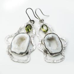 srebrne wiszące kolczyki z druzą agatu - Kolczyki - Biżuteria