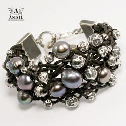 bransoleta z perłami,skórzana bransoleta - Bransoletki - Biżuteria