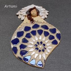 anioł ceramiczny,niebieski rzeżbiony,koronka - Ceramika i szkło - Wyposażenie wnętrz