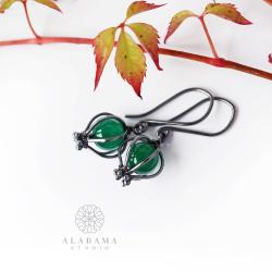 minimalistyczne srebrne kolczyki z onyksem zielony - Kolczyki - Biżuteria