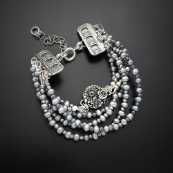 srebrna,bransoletka,z perłami i kwiatami - Bransoletki - Biżuteria