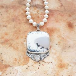 srebrny naszyjnik,z opalem dendrytowym,z perłami - Naszyjniki - Biżuteria