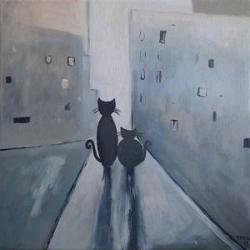 koty,abstrakcja,szarości,niebieski - Obrazy - Wyposażenie wnętrz