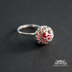 ażurowa kulka,różowa cyrkonia,pierścionek - Pierścionki - Biżuteria