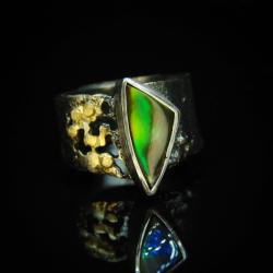 srebro,złoto,ammolit,pierścień,unikat,zielony - Pierścionki - Biżuteria