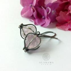 minimalistyczne,srebrne kolczyki z różowym kwarce - Kolczyki - Biżuteria