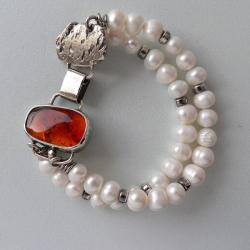 z bursztyn,surowe srebro,z perłami - Bransoletki - Biżuteria