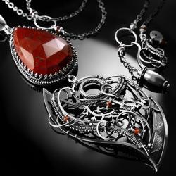 srebrny,naszyjnik,wire-wrapping,mokait,czerwony - Naszyjniki - Biżuteria