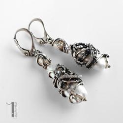 koczyki srebrne,perły,wire wrapping - Kolczyki - Biżuteria