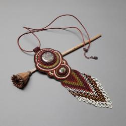 naszyjnik z jaspisem,haft koralikowy,z frędzlami - Naszyjniki - Biżuteria