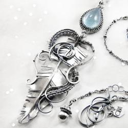 srebrny,naszyjnik,piórko,wire-wrapping,akwamaryn - Naszyjniki - Biżuteria