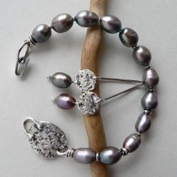 z perłami,surowe srebro,szare perły - Komplety - Biżuteria