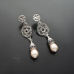 długie,srebrne,kolczyki,z perłą,na sztyftach - Kolczyki - Biżuteria