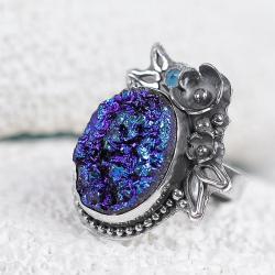 niebieski,z kwarcem,srebrny pierścionek - Pierścionki - Biżuteria