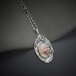srebrny,naszyjnik,z agatem mszystym,z kwiatami - Naszyjniki - Biżuteria