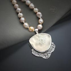 srebrny,naszyjnik,z agatem mszystym,perły - Naszyjniki - Biżuteria